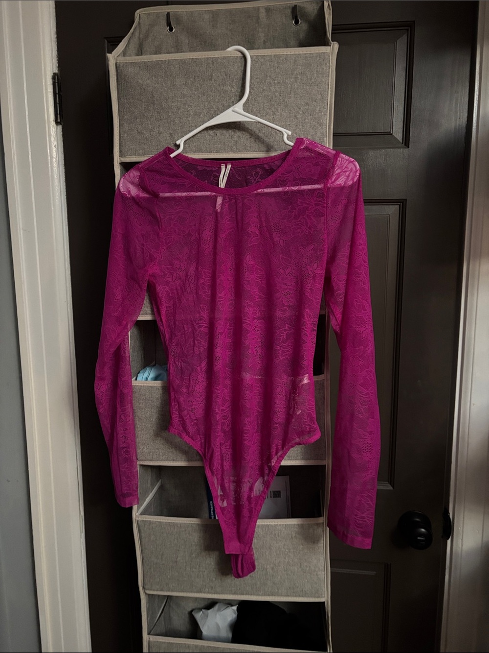 Anthropologie Bright Magenta Lace Long-Sleeve Bodysuit